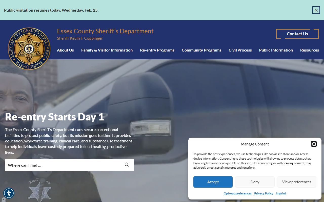 Essex County Sheriff homepage for Haverhill booking releases