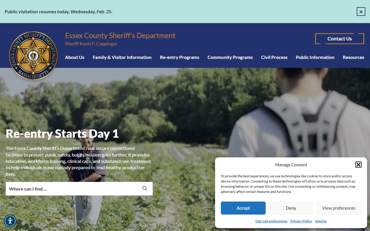 Essex County Sheriff homepage for Lawrence booking releases
