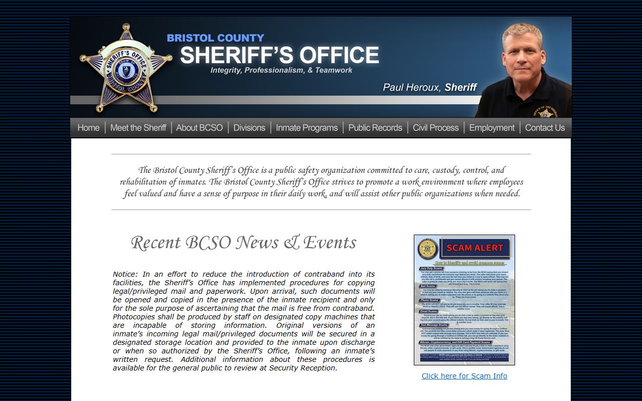 Bristol County Sheriff homepage for New Bedford booking releases
