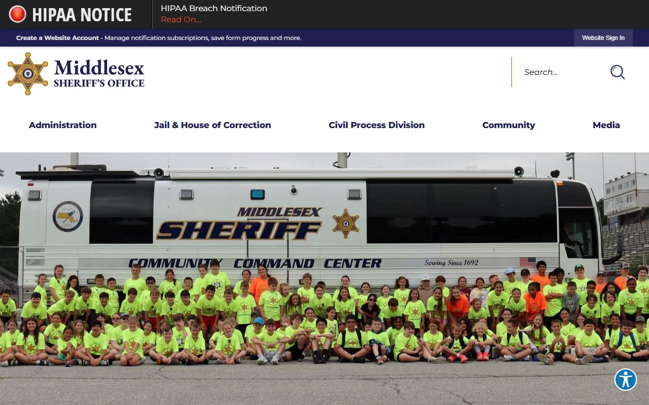 Middlesex County Sheriff homepage for Waltham booking releases