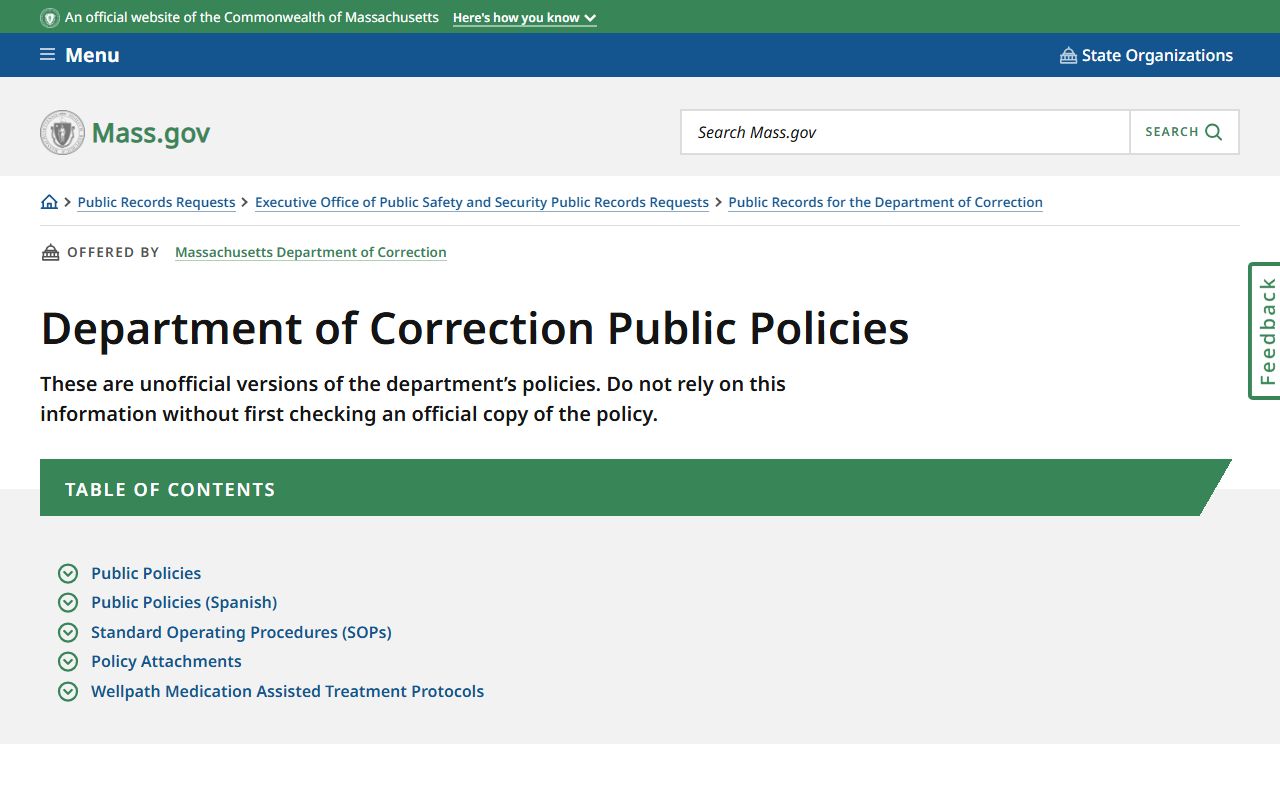 Massachusetts DOC public policies including booking releases procedures