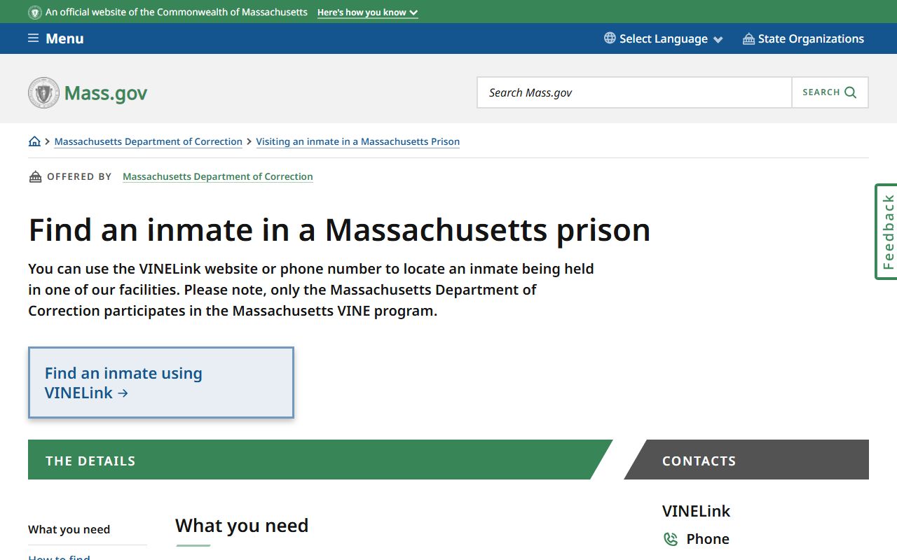 Massachusetts DOC inmate search instructions for booking releases